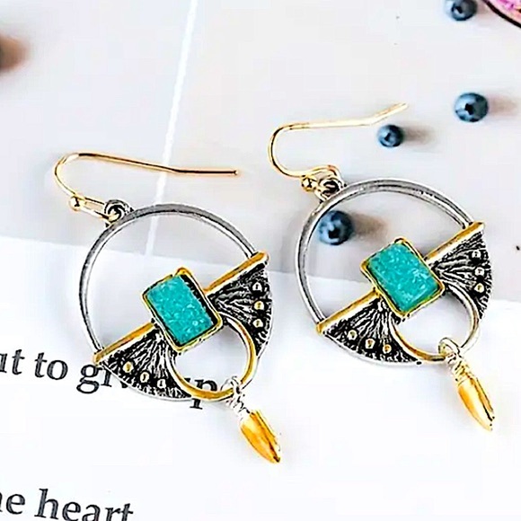 Turquoise Stone Boho Dangle Earrings - Picture 5 of 6